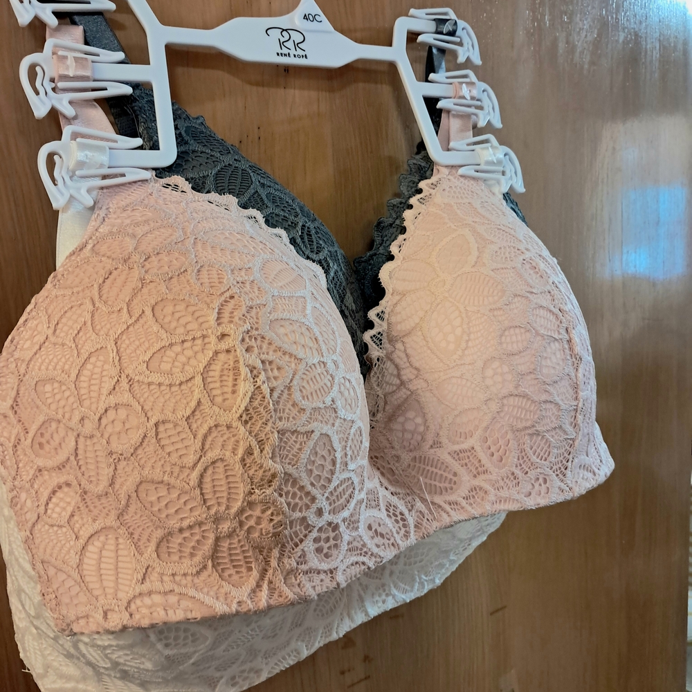 Rene Rofe Floral Lace Bra Trio - Pink, Gray, White
